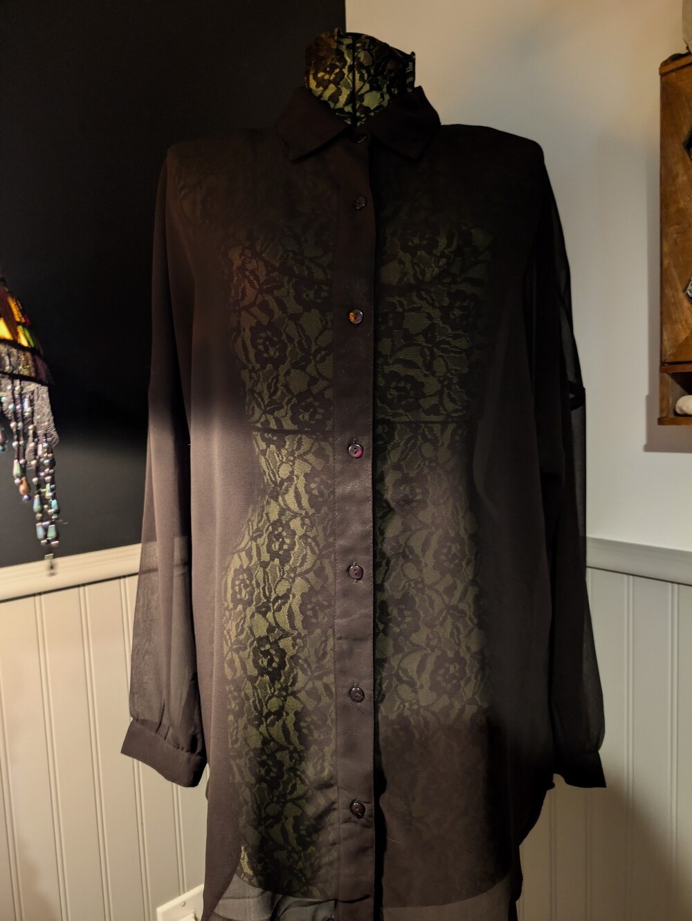 RD Style Sheer Black Long Sleeve Button-Down Blouse